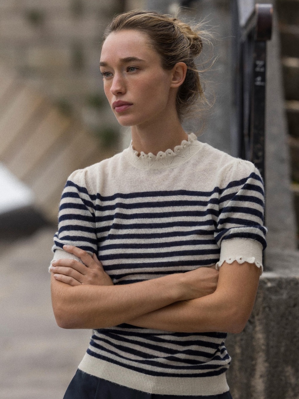 Zara Ivory and Navy Striped Short-Sleeve Knit Top